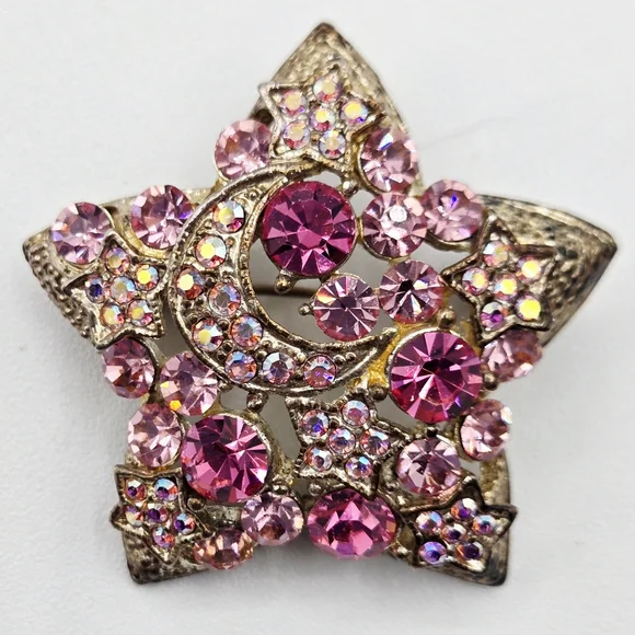 VINTAGE Star Brooch Auro Borealis Moon Stars In Pink Crystals - Picture 1 of 10